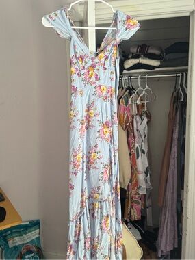 Rewind Light Blue Floral Maxi Dress with Pink & Yellow Blooms